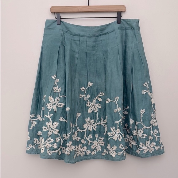 Talbots Floral Embroidered Pleated Skirt 100% Linen Teal Lined Cottagecore Sz 14 - Picture 9 of 13